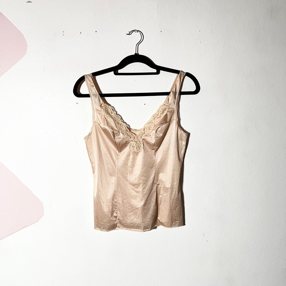 Vintage 80's Cream Satin Lace Trim Cami Top Sleeveless Fairy Small